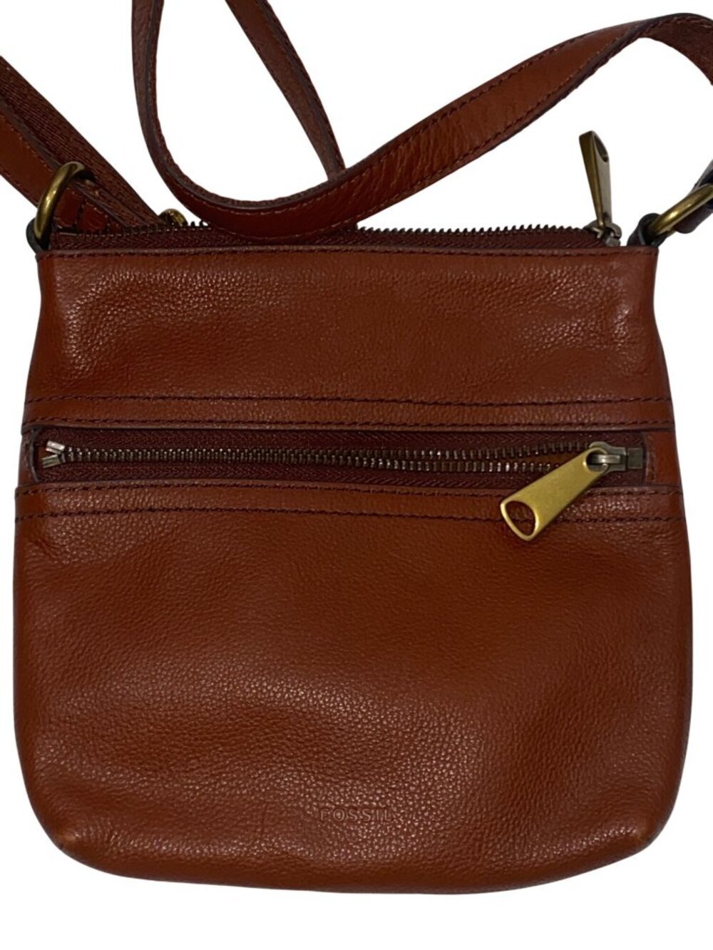 Fossil Brown Leather Crossbody Bag With Adjustable Strap & Front Zipper Pocket